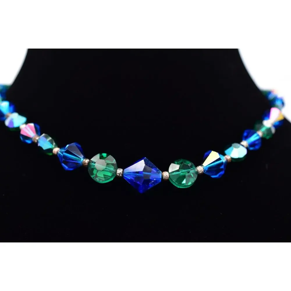 Vintage Blue Green Crystal Choker Necklace Sparkling Beaded Chunky 1960s BinBM